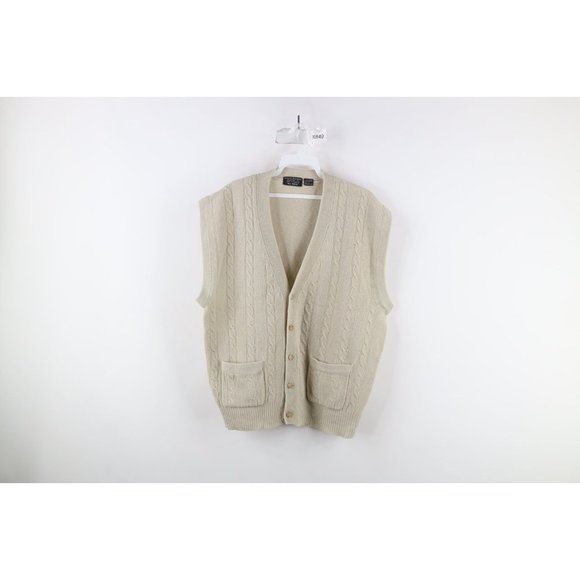 Vtg 50s Brooks Brothers Mens Large Lambswool Cable Knit Cardigan Sweater Vest